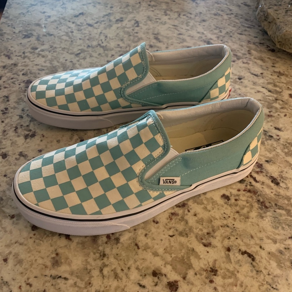 Turquoise Check Vans Slip Ons